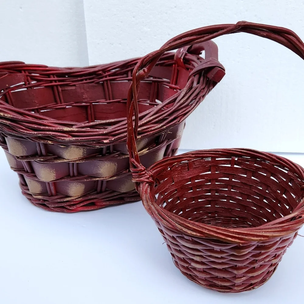 Pair of Burgundy and Gold Woven Baskets